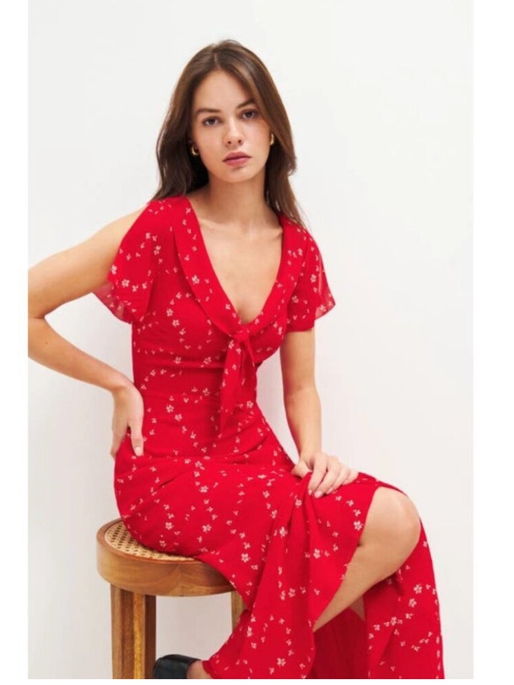 Red Floral Tie-Front Maxi Dress